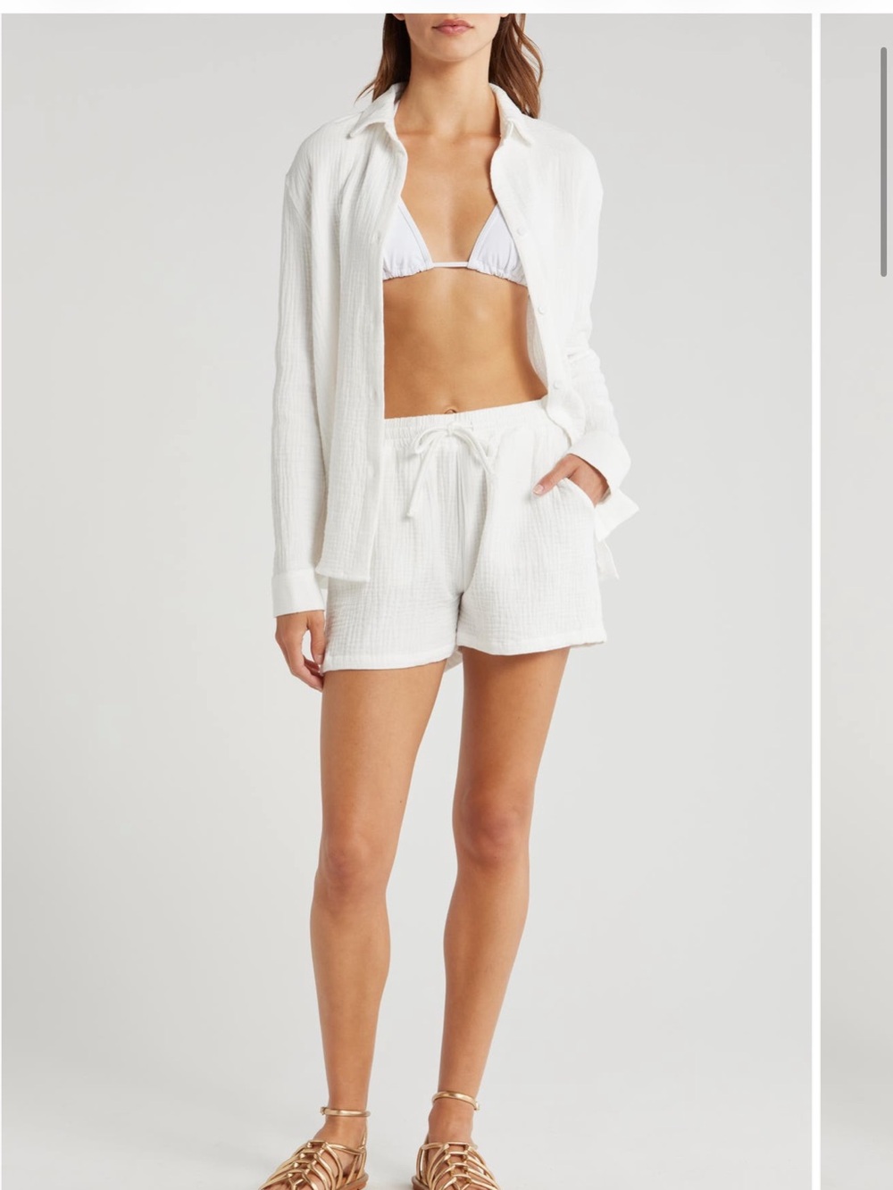 White Gauze Hooded Shirt and Drawstring Shorts Set coverup